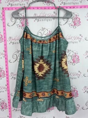 Western top Green Aztec Print Spaghetti Strap Tank Top